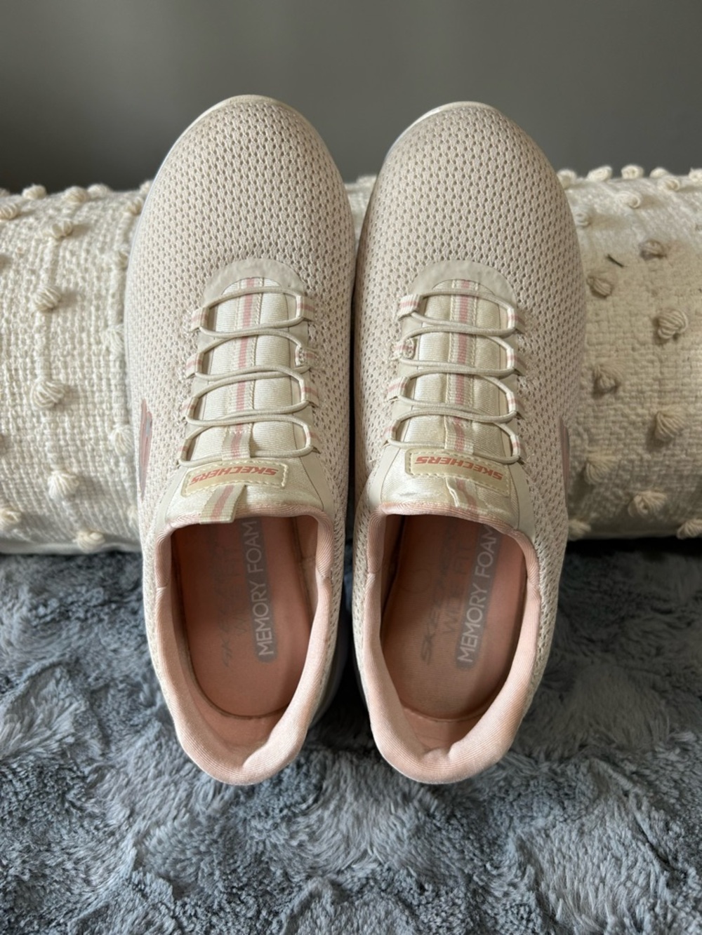 Skechers Beige and Light Pink Slip-On Athletic Sneakers